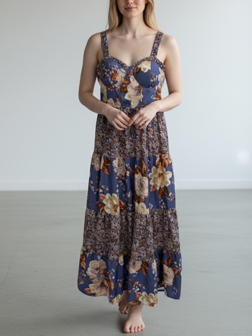 Blue Floral Maxi Dress with Sweetheart Bodice